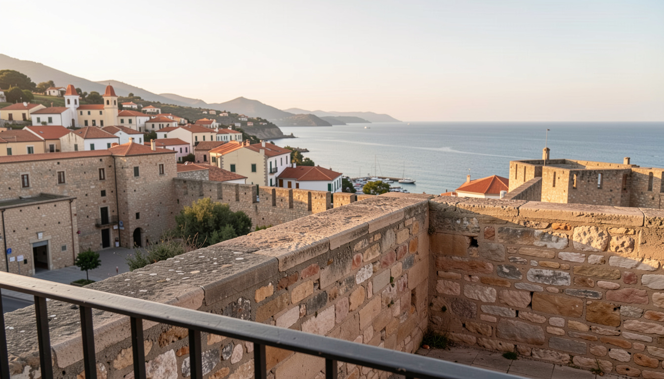 Blick von einer Bastion der Altstadt von Alghero auf das Mittelmeer am späten Nachmittag, warmes Seitenlicht auf den Mauern, im Vordergrund ein Geländer, Weitwinkelaufnahme.