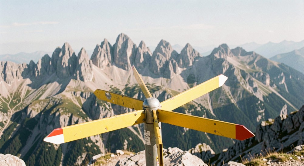 Bushaltestelle am Dorfrand mit Fahrplan und Wegweiser, im Vordergrund ein Feldweg, der in Richtung Talboden führt, tiefe Nachmittagssonne von Westen, Gegenlicht auf den Wegweisern.