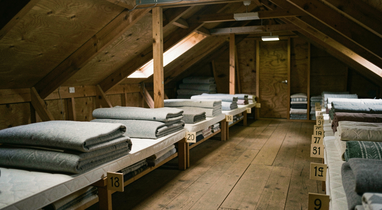 Massenlager unter einem Dachstock mit langer Matratzenreihe, gefalteten grauen Wolldecken und nummerierten Plätzen, gedämpftes Licht aus einer Dachluke am Abend
