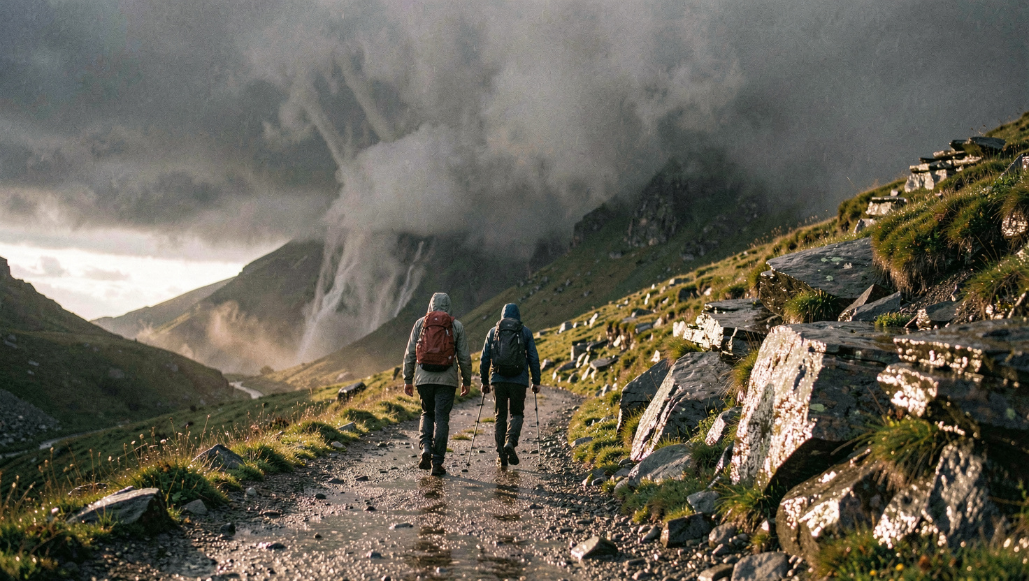 Zwei Wandernde steigen in Regenjacken über einen nassen Bergweg ab, im Rücken eine dunkle Wolkenwand mit Regenschleiern, vorne glänzt nasser Fels im letzten Sonnenlicht, breites Format