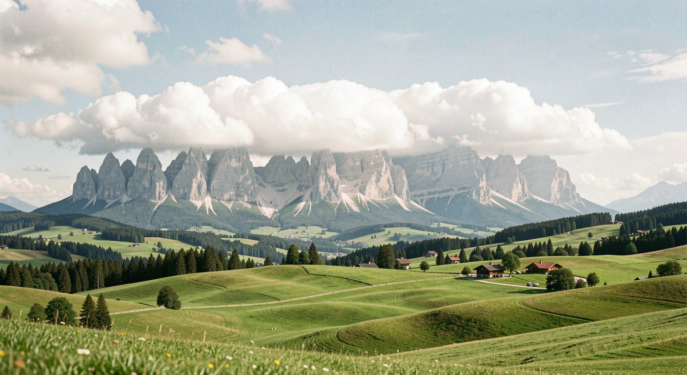 Wachsende weisse Quellwolken mit flachen Untergrenzen über einer Kette von Felsgraten um die Mittagszeit, darunter grüne Alpweiden im vollen Sonnenlicht, sehr breite Landschaftsaufnahme