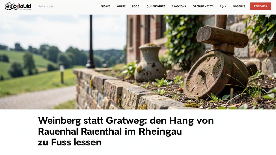 Trockenmauer in einem steilen Rebhang am Nachmittag, flaches Seitenlicht auf den Steinquadern, im Vordergrund eine Rebzeile mit geschnittenem Holz, Blick von unten den Hang hinauf.