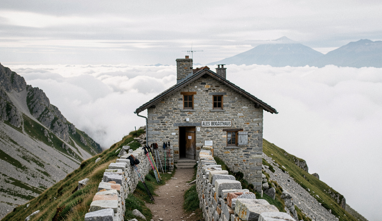 Altes Berggasthaus aus Stein auf einem schmalen Gipfelrücken, Wanderstöcke lehnen an der Mauer, dahinter fällt das Gelände beidseitig ab und der Blick geht über ein Wolkenmeer, breites Panorama