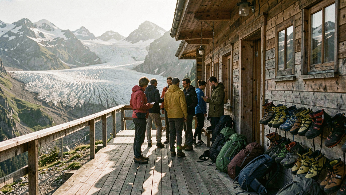 Wandergruppe erreicht am späten Nachmittag die Terrasse einer Berghütte, Rucksäcke werden abgestellt, Bergschuhe stehen in Reihen an der Wand, tiefe Sonne über einem Gletscherbecken, breites Format