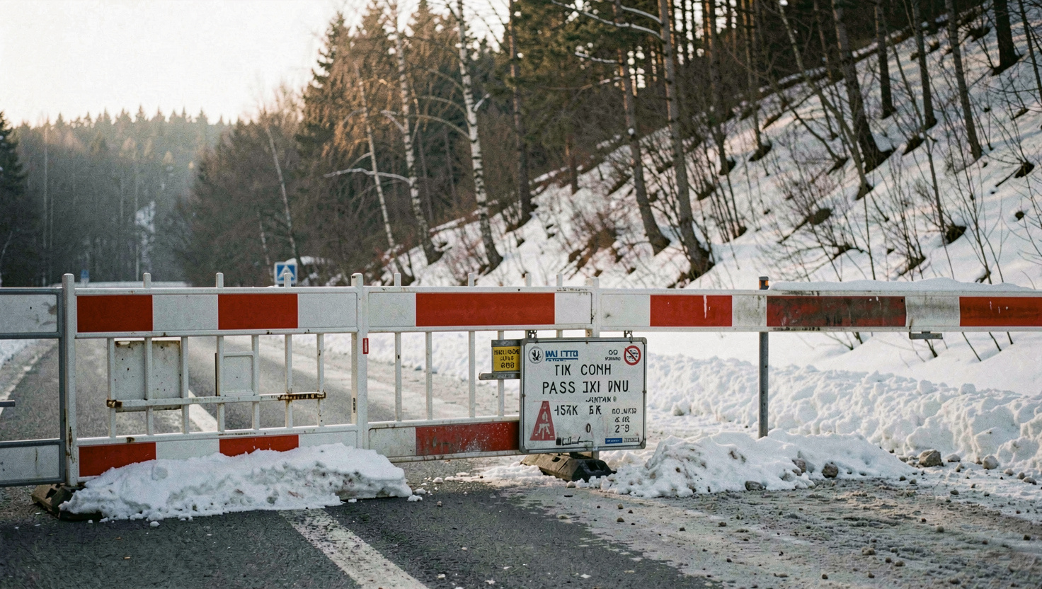 Geschlossene rot weisse Barriere mit Tafel am Fuss einer Passstrasse, dahinter verschwindet die Fahrbahn unter Schnee, kahle Lärchen am Hang, kaltes Licht am späten Vormittag, breite Aufnahme