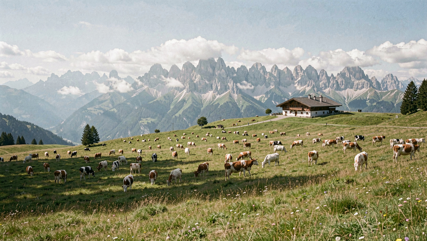 Weit gestreute Herde auf einer hochgelegenen Sommerweide mit Alphütte und Steindach, dahinter eine Kette von Felsgipfeln, Wolkenschatten wandern über das Gras, klares Licht am Vormittag, sehr breite Panoramaaufnahme