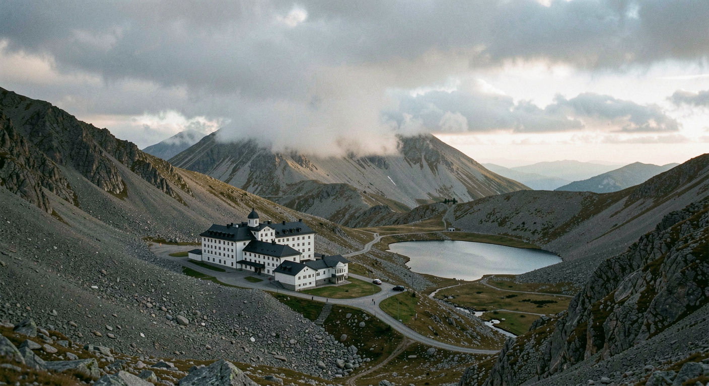 Massives Steinhospiz auf einer kahlen Passhöhe, dahinter ein kleiner See und Geröllhänge, tiefe Wolken ziehen über den Sattel, kaltes Licht am späten Nachmittag, sehr breites Panoramaformat