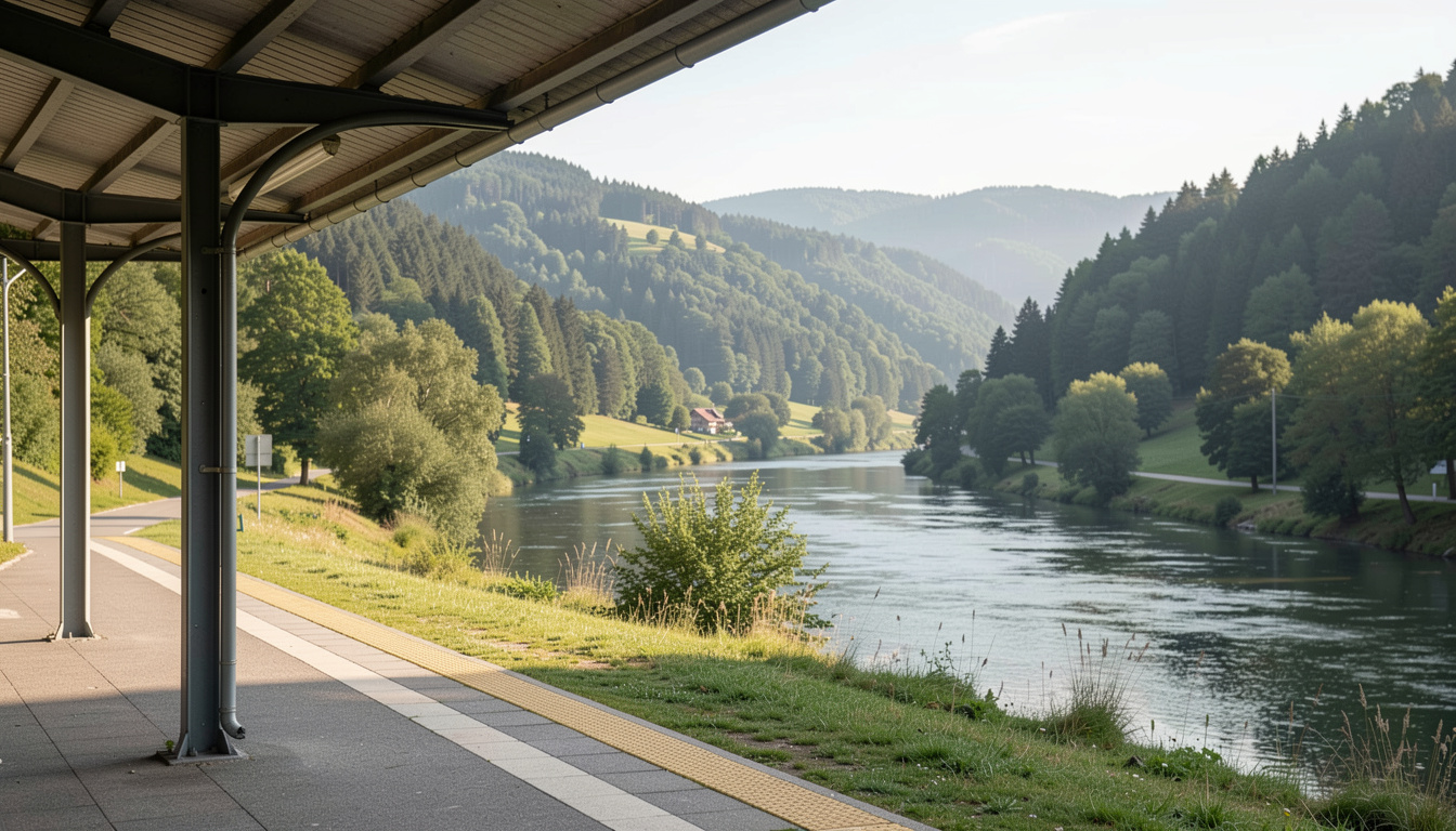 Blick vom Bahnsteig eines kleinen Haltepunkts im Fuldatal auf Fluss und bewaldete Hügel, spätes Vormittagslicht, Weitwinkel mit Bahnsteigkante im Vordergrund