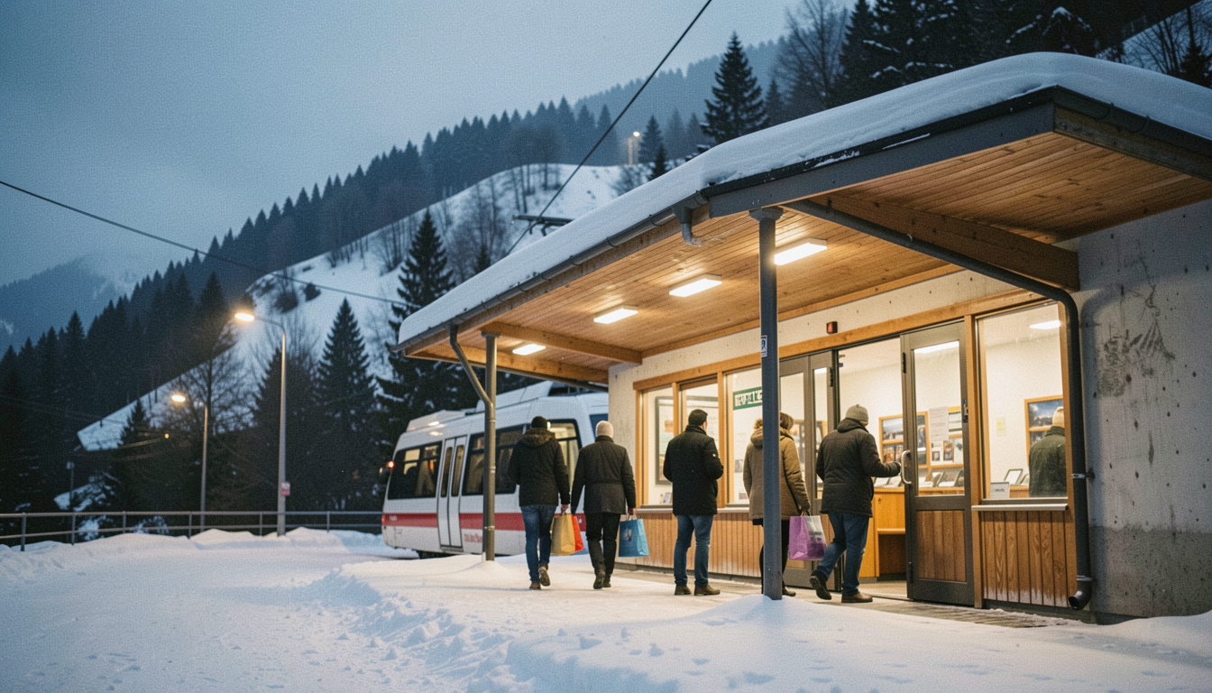 Beleuchtete Talstation einer Standseilbahn an einem Winterabend, Fahrgäste mit Einkaufstaschen steigen ein, Schnee auf dem Vordach, blaue Dämmerung über dem Hang, breites Format